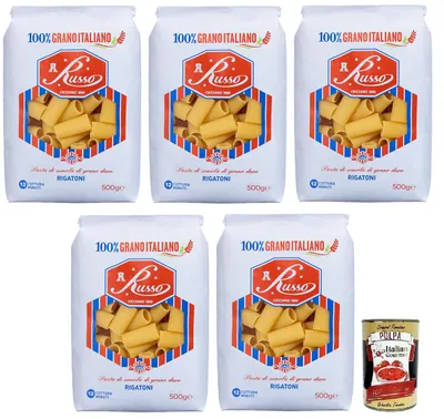 Produktbild von 5x Russo Rigatoni N°126 Hartweizengrieß Pasta,100% Italienischer Weizen,500g-Packung + Italian Gourmet Polpa di Pomodoro 400g Dose