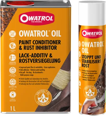 Produktbild von Owatrol Öl Bundle Größen: 1 x Liter + 1 x 300 ml Spray, Rostumwandler, Grundierung, Rostschutz, dauerhaft elastisch, Oldtimer, Lufttrocknend