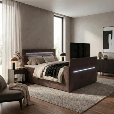Produktbild von ELVORA DESIGNE Boxspringbett 160x200 cm AURA TV mit Bonellmatratze H3 & Topper, 2 Bettkästen, Dunkelbraun, KI-generiertes Bild