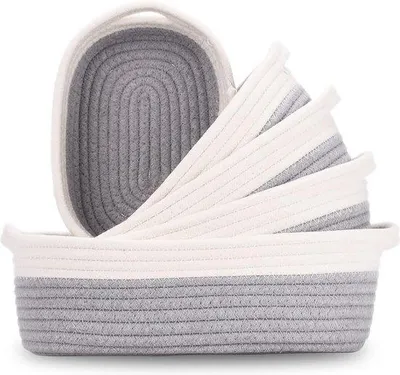 Zdjęcie produktu dla Zestaw 5 koszy do przechowywania, plecione z bawełnianego sznurka, biały/szary – 5 rozmiarów (od 30x20x11 cm do 20x14x7 cm) do pokoju dziecięcego, przewijaka i łazienki, z uchwytami