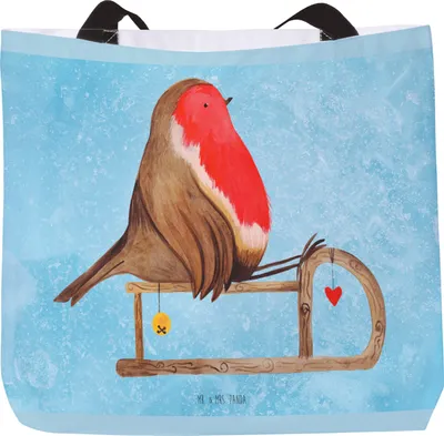 Produktbild von Mr. & Mrs. Panda Stoffbeutel Rotkehlchen Schlitten - Eisblau - Geschenk, Tasche, Vogel, Pandatasche, Schultasche, Weihnachten, Strandtasche, Laptoptasche, Wintermotiv
