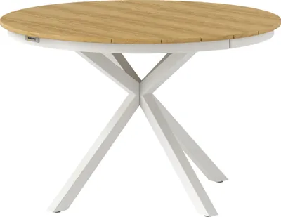 Produktbild von Gartentisch Ø118cm, Wetterfest Balkontisch aus Aluminium, Beistelltisch mit Kreuzbeine Lattendesign Teak