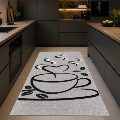 Obrázek produktu pro Podložka pod kuchyňskou linku s motivem kávy a srdce, odolná proti nečistotám, šedá barva, rozměry 80 x 150 cm