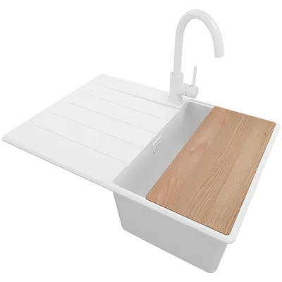 Produktbild von PRIMAGRAN Granitspüle Alles Weiß 70x50cm, Spülbecken 1 Becken + Ablauf-Set + Küchenzubehörset, Küchenspüle ab 40er Unterschrank - Kopenhagen