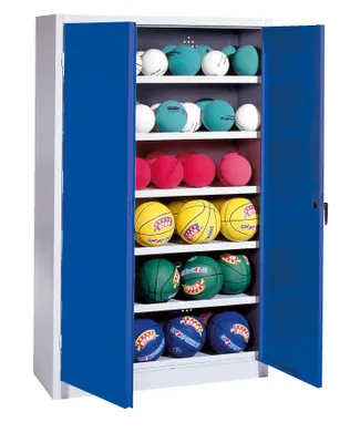 Produktbild von C+P Ballschrank mit Vollblech-Flügeltüren (Typ 3), HxBxT 195x93x50 cm, Enzianblau (RAL 5010), Lichtgrau (RAL 7035), Gleichschließung