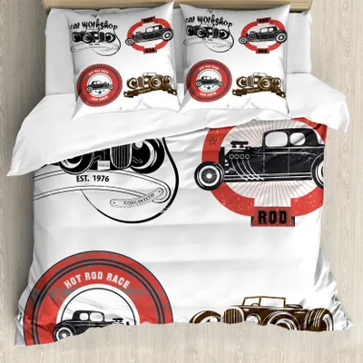 Produktbild von ABAKUHAUS Autos Bettbezug, Retro Cars Pop-Art, Milbensicher Allergiker geeignet mit Kissenbezügen, 155 cm x 220 cm - 80 x 80 cm, Mehrfarbig