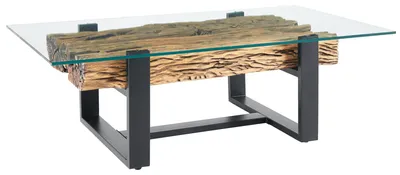 Zdjęcie produktu dla riess-ambiente Design Stolik kawowy BARRACUDA 130 cm z drewna tekowego z recyklingu, czarny blat szklany, stal nierdzewna, styl industrialny, stolik pomocniczy