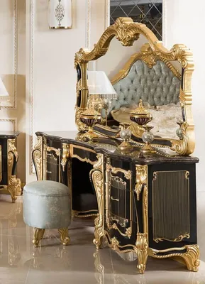 Produktbild von Casa Padrino Luxus Barock Schlafzimmer Set Schwarz / Gold / Hellblau - 1 Barock Schminkkommode & 1 Barock Spiegel & 1 Barock Hocker - Barock Schlafzimmer Möbel - Edel & Prunkvoll