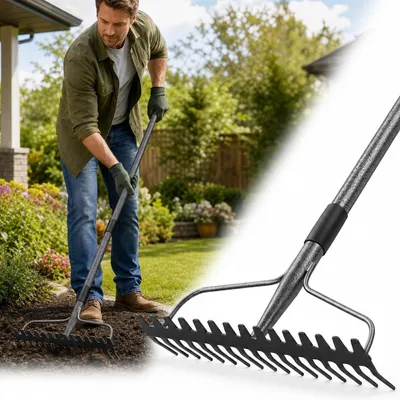 Obrázek produktu pro Robustní zahradní hrábě - kovové hrábě - 17 zubů - 160 cm - Nerezová ocelová rukojeť - Lehká