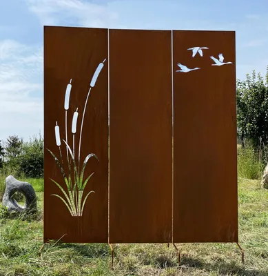 Produktbild von 3er Set Edelrost Sichtschutz Motiv Schilf + Blanko + Enten 165x150cm Paravent zum Stecken Schild Gartenstecker Edelrost Gartendeko Rost Metall Zaun