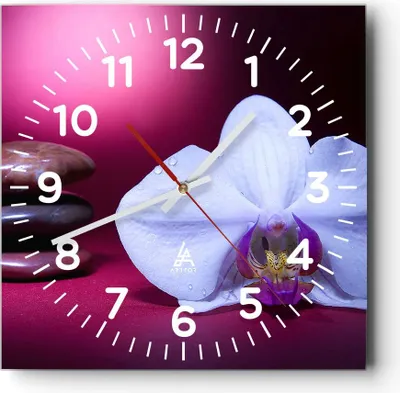 Produktbild von Wanduhr - Quadrat - Glasuhr - Spa braune Steine weiße Orchidee - 40x40cm - Schleichendes Uhrwerk - Lautlos - zum Aufhängen bereit - Dekoration Modern - Wanddekoration aus Glas - C4AC40x40-0425