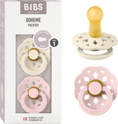 Produktbild von BIBS Boheme Schnuller 2er-Pack. BPA-frei, Kirschform Nippel. Naturkautschuk / Latex, Hergestellt in Dänemark. Größe 1 (0-6 Monate), Ivory / Blossom