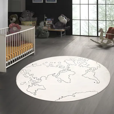 Produktbild von Runder Kinderzimmerteppich 3D-Effekt Weltkarte als Muster in creme Größe - 80 cm Rund
