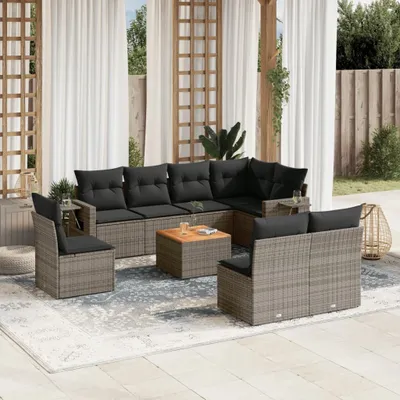 Produktbild von Design 9-tlg. Garten-Sofagarnitur mit Kissen Grau Poly Rattan, Gartensofas 2024 Neu