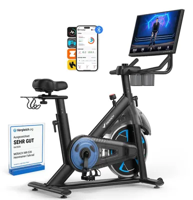 Productafbeelding van MERACH Hometrainer met 21,5-inch HD-scherm, 16 automatische magnetische weerstandsniveaus, een kantelbaar en draaibaar display, app-compatibiliteit en geschikt voor gebruikers tot 150 kg
