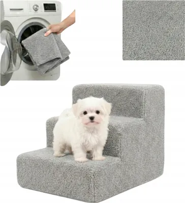 Produktbild von Komvortowy | Haustiertreppe | GRAU | Bouclé | 3 Stufen | für Bett & Sofa | 36 cm | Hunderampe | Hundetreppe | Abnehmbar und Waschbar