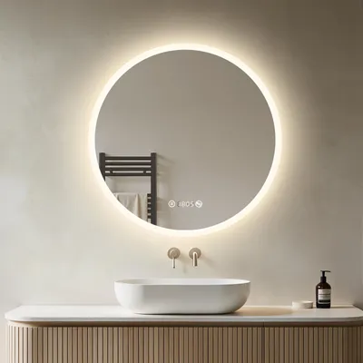 Produktbild von Heilmetz LED Badspiegel Rund 60 cm mit Bluetooth Lautsprecher, Badezimmerspiegel Beleuchtet & Beschlagfrei, Dimmbar, Touch, Uhr & Temperatur