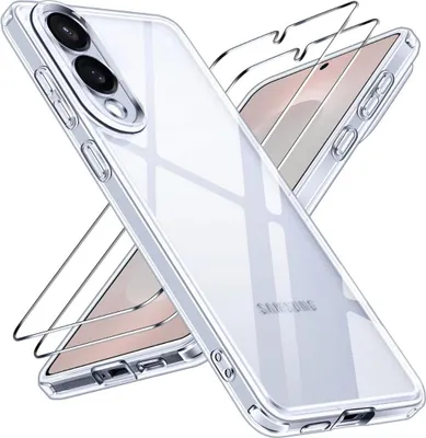 A clear phone case and screen protectors are shown against a white background.