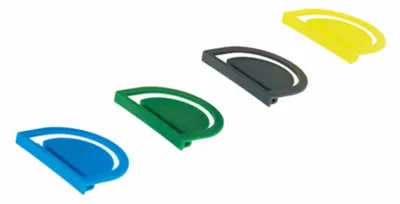 Four colored clips arranged diagonally on a white background.