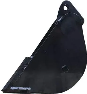 A black metal excavator bucket is shown against a white background.