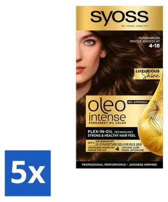 Imagen del producto de 5 unidades de tinte permanente para el cabello SYOSS Oleo Intense 4-18, color marrón moka, pack ahorro