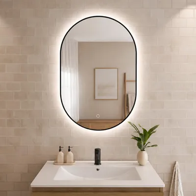 Zdjęcie produktu dla Czarne lustro owalne z oświetleniem LED - podgrzewane i przeciwmgielne - obrotowe - 90 x 60 cm - Tanger