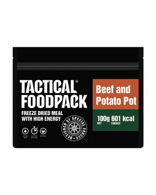 Produktbild von Tactical Foodpack Beef and Potato Pot, 100 g, 100 g, Potatoes (29%), beef (17%), carrots, cream, onions, tomatoes, red pepper, chopped tomatoes,..., 515 kcal, 2142 kJ, 20,7 g