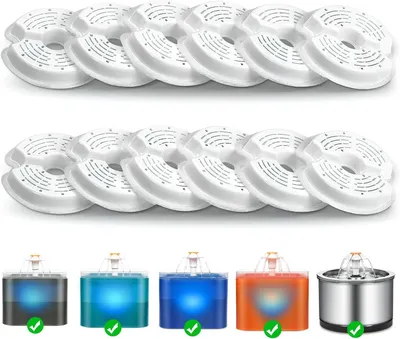 Image de Filtres pour fontaines à eau pour chats, à charbon actif, lot de 12, dimensions 10 cm, compatibles avec les fontaines à eau pour chats de 2 litres et 2,5 litres