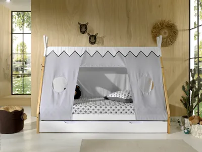 Produktbild von Vipack - Tipi Zelt Bett Liegefläche 90 x 200 cm, inkl. Rolllattenrost, Bettschublade und Textilzeltdach, Ausf. Kiefer massiv natur/weiß