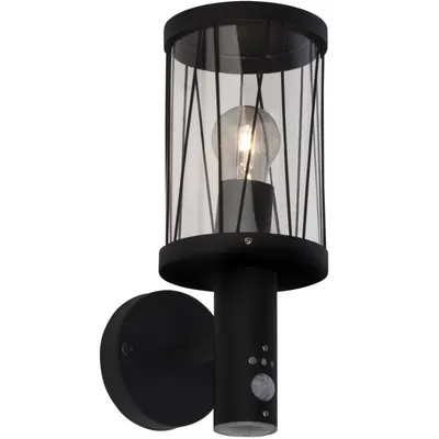 A black outdoor wall light with a clear glass shade and a motion sensor.