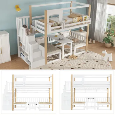 Produktbild von Etagenbett, Kinderbett, Multifunktionaler höhenverstellbarer Tisch, mit einem kleinen Bücherregal am Bettrand, Stabile Aufbewahrungstreppe 90x200cm