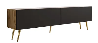 Obrázek produktu pro TV stolek: Dřevo ořech Wotan / Matná černá barva, zlaté nohy, rozměry 170 x 52 x 32 cm
