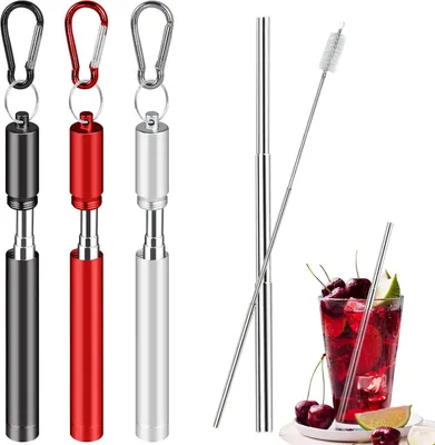 Produktbild von Teleskopische Edelstahl Strohhalme - Wiederverwendbares Metall Strohhalm Set - Nachhaltige Trinkhalme - Mit Reinigungsbürsten - Spülmaschinenfest