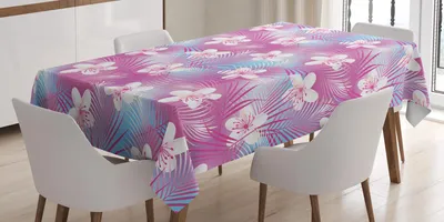 Zdjęcie produktu dla ABAKUHAUS Naturalny obrus, motyw kwiatowy, motywy botaniczne, frangipani, kwiaty hibiskusa, 140 x 200 cm, różowy i biały
