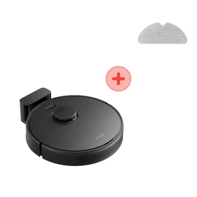 A black robot vacuum cleaner with its charging dock and a cleaning cloth.