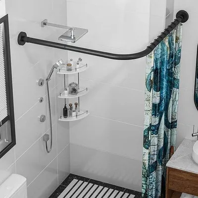 Produktbild von Famanu L-förmige Duschvorhangstange aus 304 Edelstahl - Schwarz, 90-120 cm x 120-165 cm