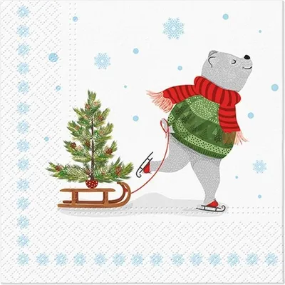 Produktbild von 20 Servietten Skatig Bear - Bär auf Schlittschuhe mit Schlitten 33x33cm