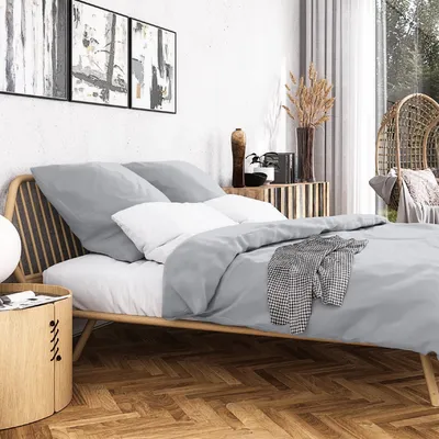 Immagine prodotto di Set di biancheria da letto 2 pezzi 135x200 cm in raso Mako 100% cotone - Motivo "Campo di nuvole" - Taglie extra I, con federe 80x80 incluse - Grigio chiaro