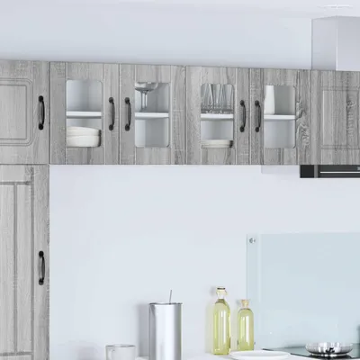 Immagine prodotto di vidaXL Mobiletto a vetro PORTO, 2 pezzi. Materiale: legno effetto Sonoma grigio