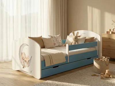 Obrázok produktu pre Modrá detská postieľka 140x70 v kompletnom vyhotovení s ochrannou bočnicou, matracom a zásuvkou pod posteľou | Bezpečná detská postieľka s úložným priestorom, zvieratká