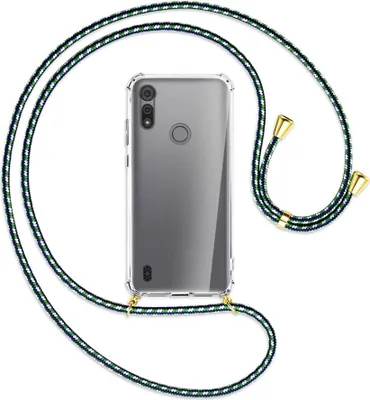 Produktbild von Handykette Backcover-Schutzhülle mit Band (Metall goldfarben) für Motorola Moto E6s - grün/blau/weiß