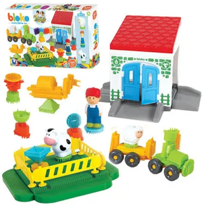 Immagine prodotto di MOCHTOYS Klocki Jeżyki, mattoncini "Pin Bricks" FARMA, confezione in cartone, 100 pezzi + 3 figurine