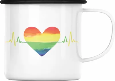 Produktbild von Trendation - Regenbogen Emaille Tasse Geschenk LGBT Schwule Lesben Transgender Grafik Pride Herzschlag (Schwarz)
