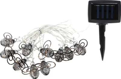 A string of solar-powered LED lights shaped like bees, with a separate solar panel unit.