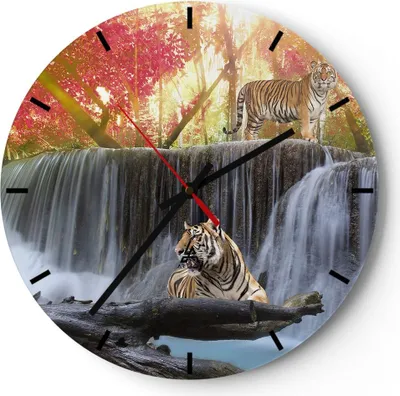 Produktbild von Wanduhr - Rund - Glasuhr - Tiger natur tier paradies - 30x30cm - Schleichendes Uhrwerk - Lautlos - zum Aufhängen bereit - Dekoration Modern - Wanddekoration aus Glas - C3AR30x30-2396