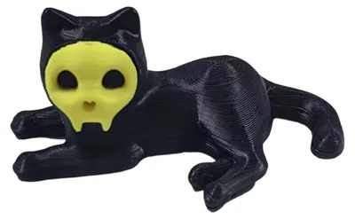 Produktbild von Katzen-Stifthalter, 3D-gedruckte schwarze Katzenfigur mit abnehmbarer Totenkopfmaske für Schreibtisch, Zuhause oder Halloween.