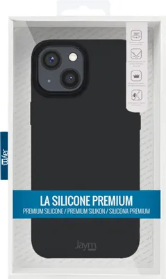 A black iPhone 13 Mini silicone case is displayed in its retail packaging.