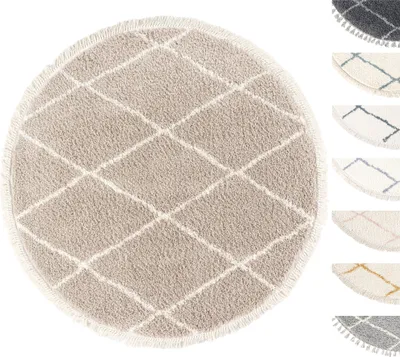 Produktbild von Rund Wohnzimmer Hochflor Teppich Ø120 cm Beige Diamantmuster , Super Soft Moderner Shaggy Teppich