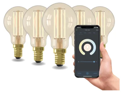 Produktbild von Calex Smart LED Lampe, E14, P45, Gold Filament, warmweißes Licht, dimmbar, WLAN App- & Sprachsteuerung, 5er Pack