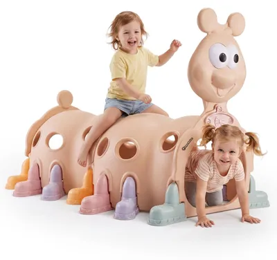 Produktbild von HyperMotion Kinder-Spieltunnel in Raupenform für Haus und Garten, beige mit Pastellfüßen, 215 × 100 × 105 cm, aus HDPE, modular mit 2 Segmenten